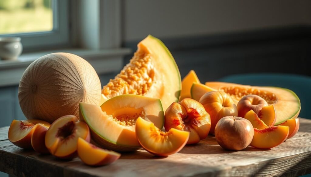 A rustic wooden table is adorned with a vibrant array of sliced melon, juicy peach, and sweet nectarine, their colors and textures dancing in the soft, natural light streaming through a nearby window. The fruit is artfully arranged, creating a visually striking still life that captures the essence of summer's bounty. The background features minimal, neutral tones that allow the fruit to take center stage, while subtle blue accents lend a calming, sophisticated touch to the scene. The overall atmosphere is one of simple elegance, showcasing the inherent beauty and flavor of these seasonal stone fruits and melons.