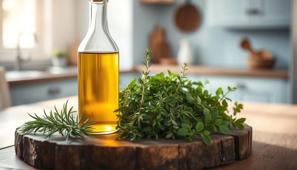 A rustic wooden table set with a selection of fresh herbs - fragrant rosemary, thyme, and oregano - artfully arranged alongside a glass bottle filled with golden olive oil. Soft, natural lighting filters in, casting a warm glow over the scene. The overall composition exudes a sense of simplicity and culinary inspiration, inviting the viewer to imagine the aromatic and flavorful possibilities of this herb and oil pairing. In the background, a minimalist kitchen with light blue accents provides a clean, uncluttered backdrop, allowing the central elements to take center stage.