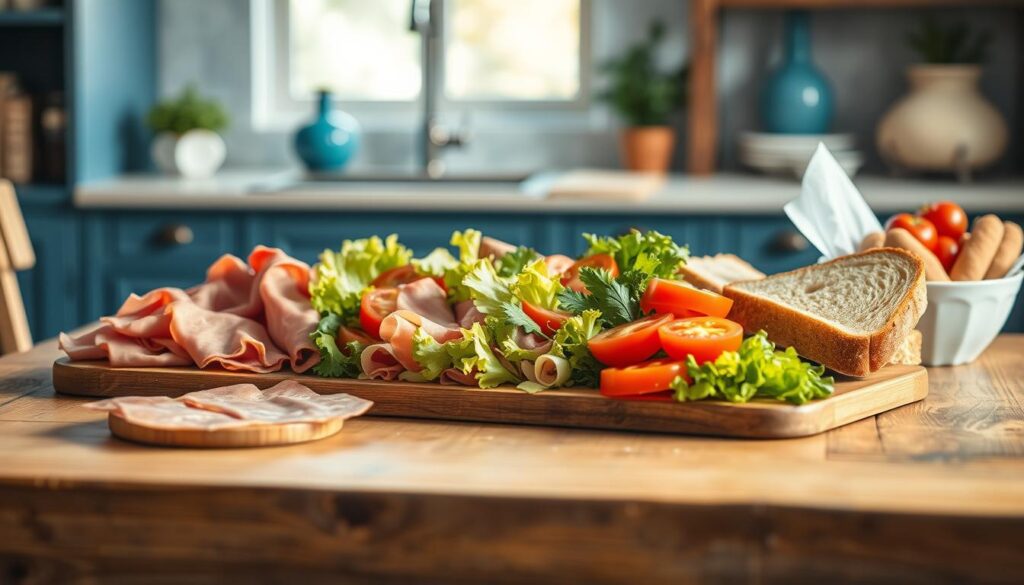 A rustic wooden table set with an array of enticing deli meats, crisp lettuce, ripe tomatoes, and freshly baked bread slices. Warm, soft lighting casts a cozy glow, accentuating the vibrant colors and textures. Subtle blue accents in the kitchen decor complement the natural tones, creating a welcoming, minimalist ambiance. The platter of delicacies appears effortlessly assembled, inviting the viewer to imagine the delightful flavors and satisfying yet quick lunchtime experience.