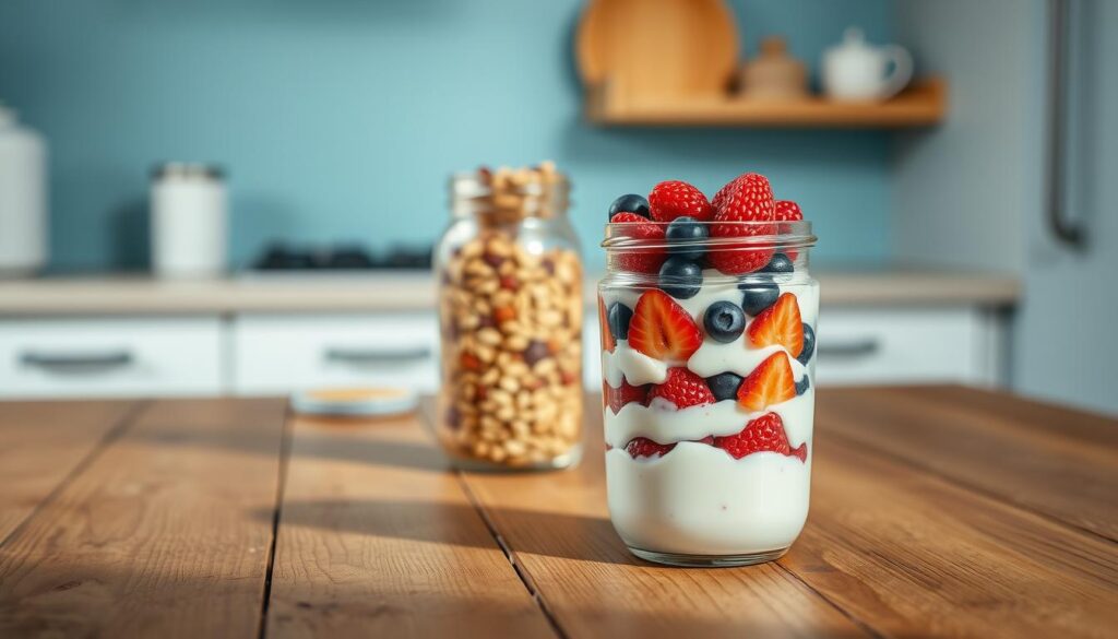 A rustic wooden table showcases a neatly arranged layered mason jar breakfast. In the foreground, a mason jar filled with creamy Greek yogurt, topped with a vibrant layer of fresh mixed berries. In the middle ground, another jar contains a nutritious oat-based granola, sprinkled with a dusting of cinnamon. The background features a simple, minimalist kitchen setting with light blue accents, highlighting the natural textures of the wood. The scene is bathed in a warm, soft lighting, creating a cozy and inviting atmosphere. The overall composition emphasizes the simplicity and elegance of a balanced, low-sugar breakfast.
