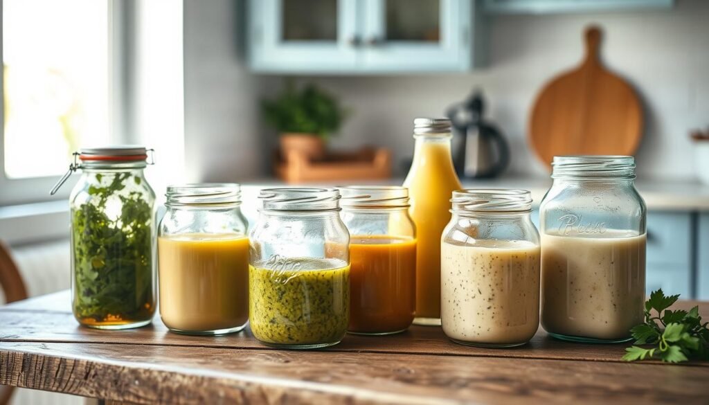 A rustic wooden table showcases an array of homemade dressings in clear glass jars. The dressings feature vibrant hues, ranging from a zesty green herb vinaigrette to a creamy, pale-yellow Caesar. Sunlight filters through a nearby window, casting a warm, inviting glow across the scene. The minimal, light blue-accented kitchen setting provides a clean, uncluttered backdrop, allowing the handcrafted dressings to take center stage. The composition is arranged with an eye for balance and visual interest, creating a mouthwatering display that celebrates the flavors of homemade culinary creations.