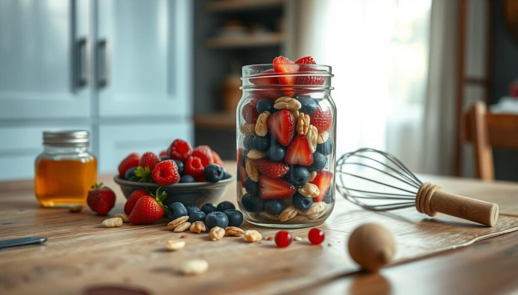 A rustic wooden table showcases an array of mason jar ingredients and tools: freshly picked berries, crisp nuts, fragrant honey, and a gleaming metal whisk. In the background, a hint of light blue cabinetry and natural light filter in, creating a cozy, minimal atmosphere. The scene is bathed in soft, even lighting, capturing the essential elements for crafting delightful low-sugar breakfast mason jars - a portable nutrition powerhouse.