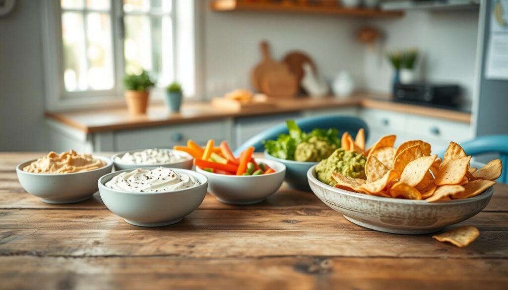 A rustic wooden table showcases an assortment of no-fuss snack dips - creamy hummus, tangy tzatziki, and vibrant guacamole. Alongside, an array of crisp vegetable sticks and pita chips invite casual indulgence. The light-filled kitchen features subtle blue accents, complementing the natural earthy tones. A sense of simplicity and effortless enjoyment permeates the scene, creating an inviting atmosphere for a satisfying office lunch.