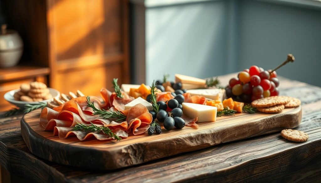 A rustic wooden table showcases an elegant charcuterie board, adorned with slices of salami, prosciutto, and creamy cheeses. Surrounding the board are aromatic sprigs of rosemary, juicy grapes, and a selection of gourmet crackers. The scene is bathed in warm, natural light filtering through a nearby window, casting a cozy glow and accentuating the rich textures. In the background, a light blue accent wall adds a touch of sophistication, complementing the earthy tones of the wooden surfaces. This inviting tableau captures the essence of a gourmet charcuterie experience, inspiring the viewer to savor each delectable morsel.