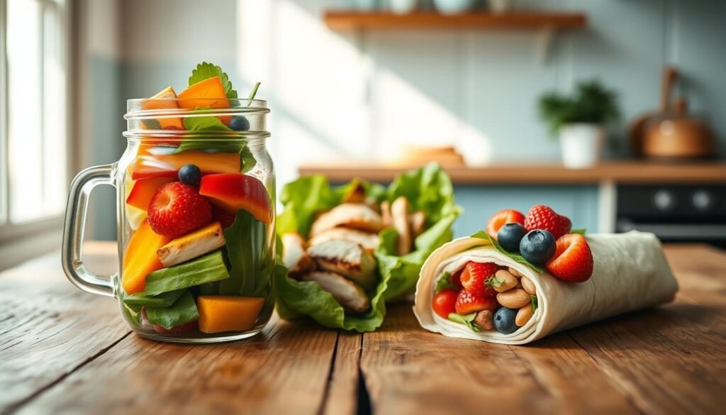 A rustic wooden table with a mason jar filled with colorful sliced vegetables, a lettuce wrap with grilled chicken, and a roll-up with almond butter and fresh berries. Soft natural lighting from a window illuminates the scene, casting gentle shadows and highlighting the vibrant colors of the paleo-friendly portable lunches. The minimalist kitchen has light blue accents, adding a soothing touch to the cozy, inviting atmosphere.