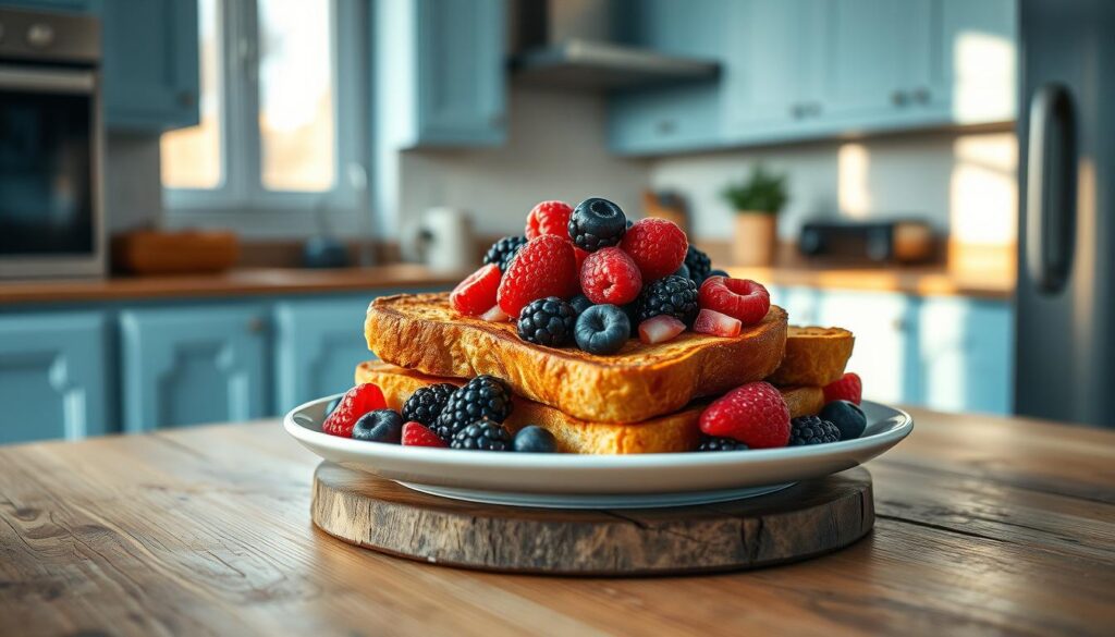 A rustic wooden tabletop set with a plate of golden-brown french toast, topped with an artful arrangement of juicy blackberries, raspberries, and blueberries, creating a vibrant berry salsa. Soft natural lighting filters in through a window, casting a warm glow on the scene. The minimalist kitchen backdrop features light blue cabinetry and sleek appliances, complementing the earthy tones of the wooden surfaces. The overall atmosphere is one of simple elegance and culinary delight, inviting the viewer to savor this delicious and healthful breakfast.