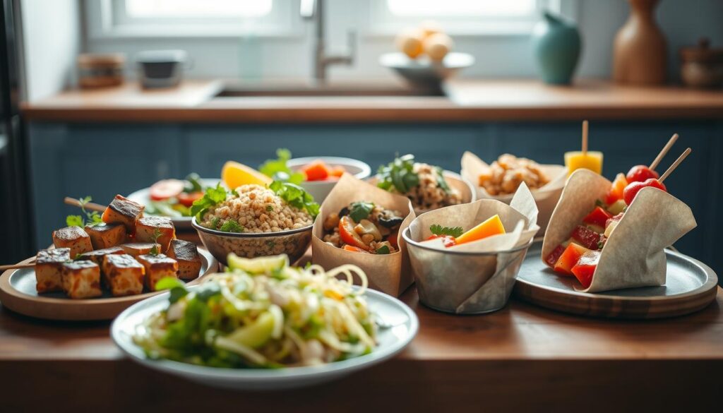 A rustic yet vibrant global-inspired cold lunch spread, artfully arranged on a wooden table against a minimal kitchen backdrop with light blue accents. An assortment of healthy, protein-packed bites from various cultures - marinated tofu skewers, quinoa salad with roasted vegetables, Mediterranean chickpea wraps, and refreshing tropical fruit skewers. Soft, diffused natural lighting highlights the textures and colors of the diverse culinary delights, creating an inviting and energizing scene to inspire nutritious midday meals.