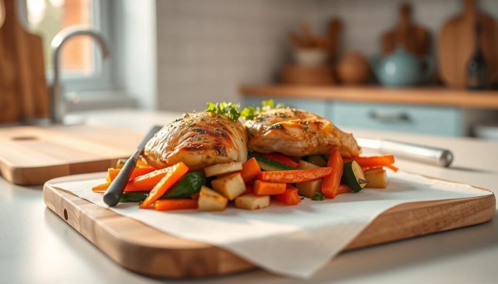 A savory chicken meal prep dish takes center stage in a cozy, minimalist kitchen. Tender, golden-brown chicken breasts rest atop a bed of vibrant, roasted vegetables - carrots, zucchini, and bell peppers. The dish is garnished with a sprinkle of fresh herbs, adding a pop of color and aroma. Warm, natural lighting from the kitchen window casts a soft glow, highlighting the meal's inviting texture and flavors. Wooden cutting boards and neutral-toned countertops create a calming, rustic atmosphere, while light blue accents add a touch of modern elegance. This delectable, well-balanced meal prep option promises to satisfy both the palate and the eye, inspiring a mindful, flavorful approach to lunch or dinner.