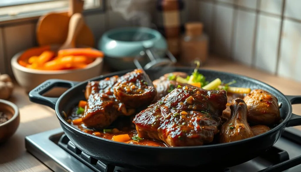A savory feast of tender pork and juicy chicken, expertly prepared in a cozy, minimal kitchen with warm wooden textures and light blue accents. Aromatic spices and herbs mingle, creating a captivating symphony of flavors. Seared meats sizzle on a cast-iron skillet, bathed in a rich, glistening sauce. Crisp vegetables add vibrant pops of color, complementing the hearty proteins. Soft shadows and gentle natural light cast a comforting ambiance, inviting the viewer to indulge in this tempting culinary creation.