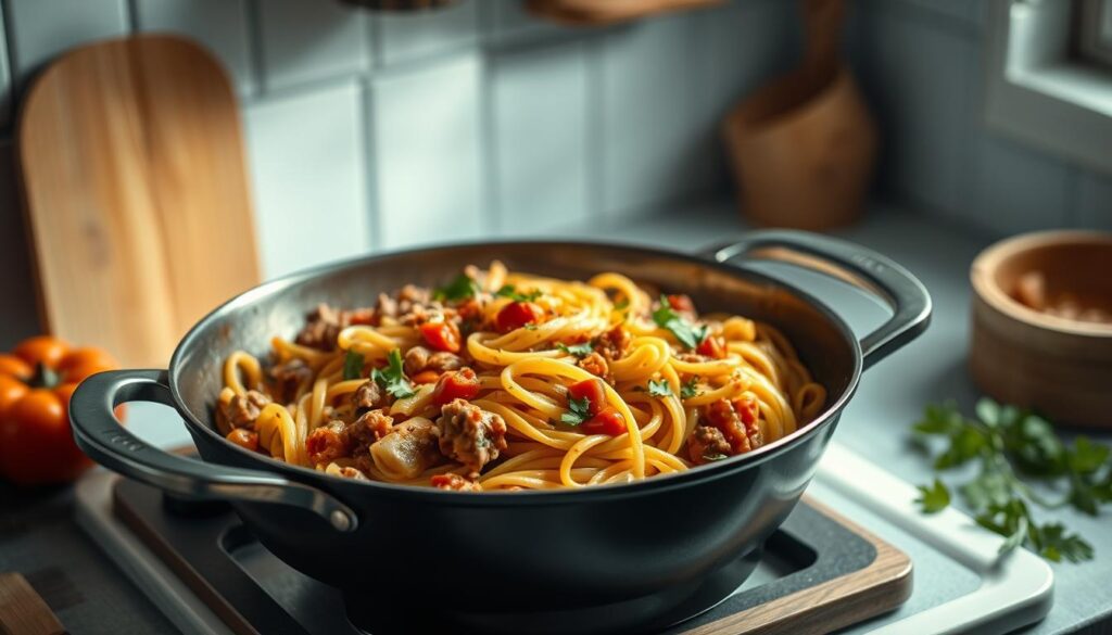 A savory one-pot pasta skillet, simmering with aromatic herbs, tomatoes, and tender chicken or ground meat. In a cozy, minimal kitchen with wooden accents, light blue hues, and a sense of effortless culinary charm. Soft, indirect lighting casts a warm glow, highlighting the rich, bubbling sauce and perfectly al dente noodles. The composition emphasizes the ease and convenience of the dish, inviting the viewer to imagine a satisfying, fuss-free dinner.