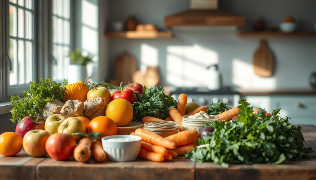 A seasonal still life arrangement of fresh lunch ingredients on a rustic wooden table, bathed in soft, natural light from a nearby window. In the foreground, an array of colorful produce - crisp apples, juicy citrus, crunchy carrots, and leafy greens. In the middle ground, a selection of wholesome dips and spreads, their textures and hues complementing the produce. The background features hints of a minimal, light blue-accented kitchen, creating a soothing, inviting atmosphere. The overall composition conveys the bounty of nature's seasonal gifts, ready to be transformed into nourishing, no-heat lunchbox meals.