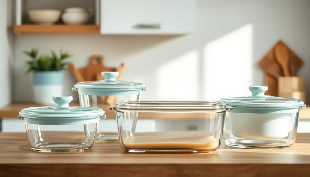 A selection of elegant glass food storage containers in a cozy, minimalist kitchen. Soft natural lighting illuminates the glossy, transparent vessels, showcasing their simple yet functional design. The containers are arranged on a wooden countertop, complemented by light blue accents that create a serene, inviting atmosphere. The scene conveys a sense of organization and practical storage solutions for everyday meal prepping in a space-constrained environment.