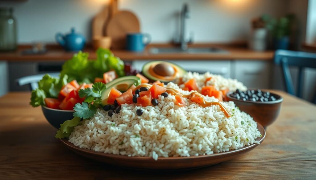 A selection of freshly prepared burrito bowl components artfully arranged on a wooden table in a cozy, minimalist kitchen. In the foreground, a steaming pile of fragrant cilantro-lime rice, surrounded by crisp lettuce, juicy diced tomatoes, and tender black beans. The middle ground features sliced avocado, tangy crumbled queso fresco, and a drizzle of creamy chipotle sauce. In the background, warm lighting casts a soft glow, highlighting the textures of the wooden surfaces and blue accents. The atmosphere is calm and inviting, setting the stage for a delicious and nourishing meal.