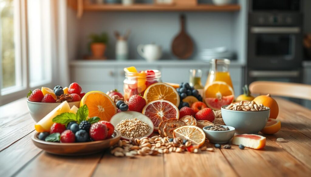 A selection of healthy, colorful snacks artfully arranged on a wooden table in a cozy, minimal kitchen. Vibrant fresh fruits like berries, sliced apples, and juicy citrus mingle with crunchy nuts, seeds, and dried fruit. The scene is bathed in warm, natural light filtering through soft blue accents, capturing the nourishing yet energizing vibe of these wholesome treats.