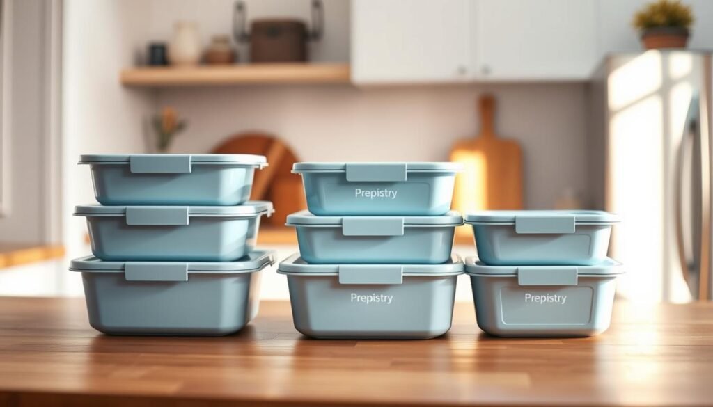 A selection of modern, minimalist meal prep containers in a soft blue hue with the 