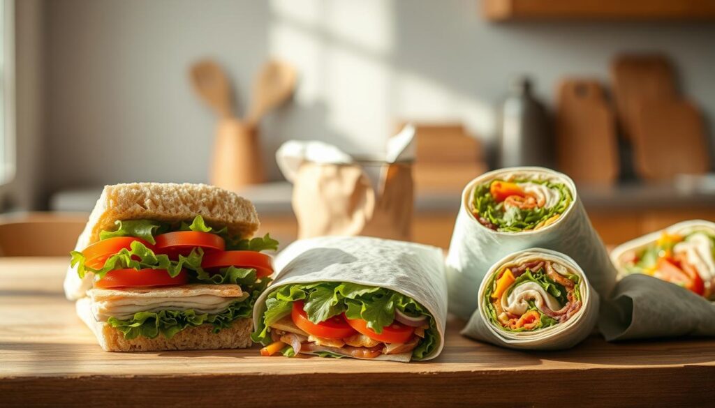 A selection of neatly arranged packable sandwiches and wraps in a cozy, minimalist kitchen setting. The sandwiches feature fresh ingredients like crisp greens, juicy tomatoes, and flavorful proteins, while the wraps showcase vibrant fillings rolled tightly in soft tortillas. The scene is bathed in warm, natural lighting, highlighting the textures of the wooden surfaces and light blue accents. The overall atmosphere conveys a sense of simplicity, freshness, and thoughtful meal preparation.