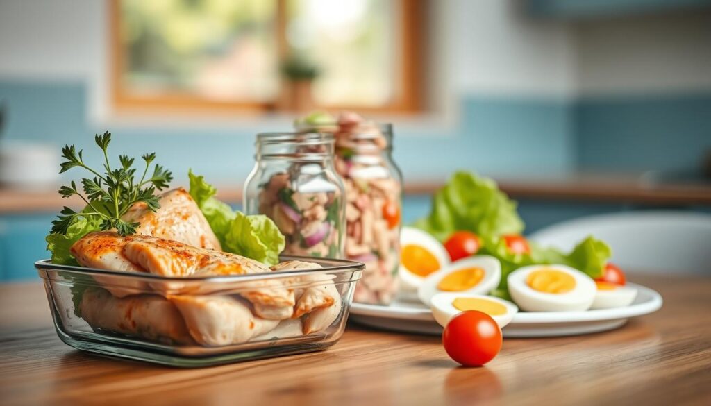 A selection of protein-rich cold lunch options are neatly arranged on a wooden table in a cozy, minimal kitchen. In the foreground, a glass container holds marinated chicken breast, garnished with fresh herbs. Next to it, a mason jar contains a vibrant tuna salad, accompanied by crisp lettuce leaves. In the middle ground, a plate displays slices of hard-boiled egg, complemented by a few cherry tomatoes. The background features light blue accents, with a simple window allowing natural light to filter in, creating a warm, inviting atmosphere. The scene is captured with a slightly angled, close-up perspective, showcasing the textures and colors of the protein-packed cold meals.