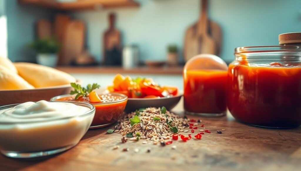 A selection of vibrant, flavorful sauces and toppings arranged artfully on a wooden kitchen counter, bathed in warm, natural lighting. In the foreground, a creamy, garlic-infused white sauce, a zesty red tomato-based sauce, and a shimmering, honey-sweetened balsamic reduction. In the middle ground, a sprinkle of freshly chopped herbs, toasted sesame seeds, and a scattering of crushed red pepper flakes. The background features a minimal, light blue-accented kitchen with clean lines and rustic wood textures, creating a cozy, inviting atmosphere.