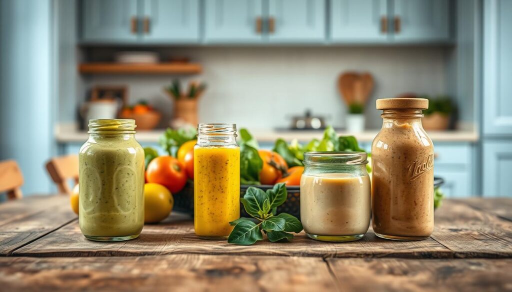A selection of vibrant, nourishing sauces and dressings artfully arranged on a rustic wooden table, surrounded by fresh ingredients. In the foreground, a creamy avocado-based green goddess dressing, a zesty citrus vinaigrette, and a rich, nutty tahini sauce. In the middle ground, crisp vegetables and leafy greens stand ready to be dressed. The background features a clean, minimalist kitchen with light blue cabinetry and natural wood accents, bathed in warm, diffused lighting, creating a serene, inviting atmosphere.