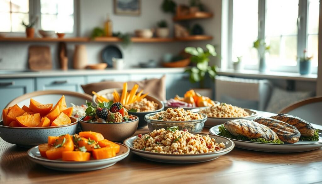 A selection of visually appealing, nutrient-dense meals arranged on a wooden table in a cozy, minimal kitchen. Vibrant vegetables, hearty whole grains, and lean proteins create a textural feast - tender roasted sweet potatoes, nutty quinoa, and succulent grilled chicken. Soft, earthy tones complement the light blue accents, creating a calming, inviting atmosphere. Natural lighting from large windows casts a warm glow, accentuating the diverse shapes, colors, and textures of the carefully crafted dishes.