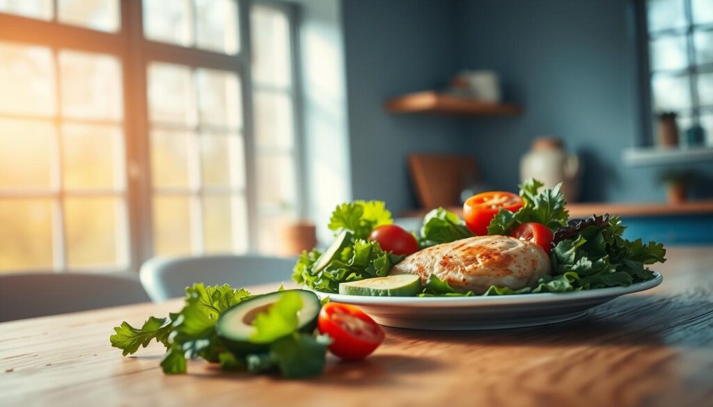 A serene kitchen interior with warm natural lighting streaming through large windows, casting a soft glow on a wooden table top. On the table, a plate of vibrant, protein-rich ingredients - leafy greens, sliced avocado, juicy tomatoes, and a perfectly cooked chicken breast. The mise en place evokes a sense of simplicity and sustained energy, a healthful meal ready in mere minutes. Soft blue accents complement the earthy tones, creating an atmosphere of calm productivity.