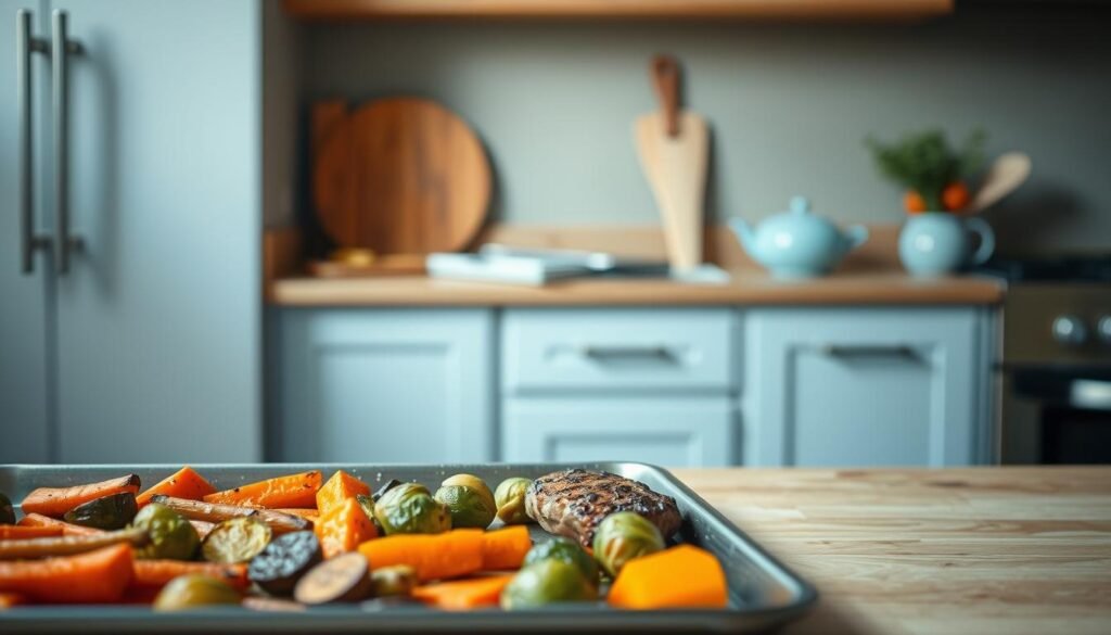 A serene kitchen scene of a triumphant Whole30 meal success. In the foreground, a sheet pan showcases a vibrant array of roasted vegetables - crisp carrots, tender Brussels sprouts, and caramelized sweet potatoes. Nestled alongside, a juicy, perfectly-seared protein, a testament to the satisfying flavors of a grain-free, Whole30-compliant feast. The muted, natural tones of the wooden surfaces and light blue accents create a calming, minimalist atmosphere, inviting the viewer to savor the nourishing simplicity of this wholesome meal. Soft, diffused lighting casts a gentle glow, highlighting the meal's visual appeal and the sense of accomplishment. A testament to the joys of Whole30 meal preparation, this image captures the essence of a successful, nourishing, and satisfying culinary journey.