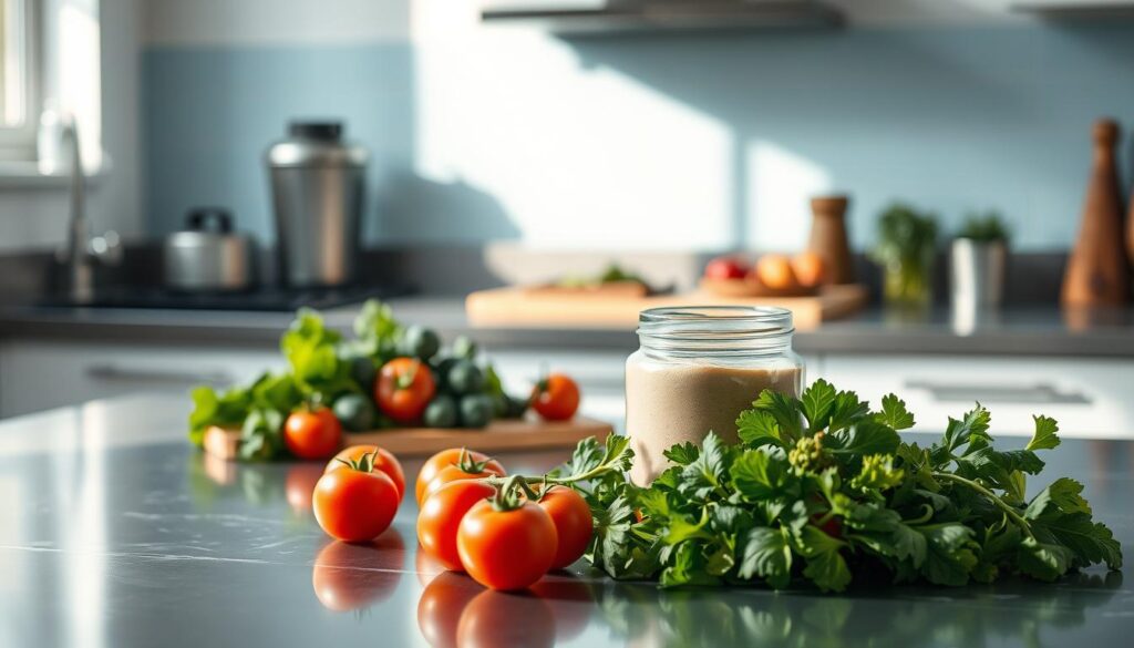 A serene, minimalist kitchen bathed in soft, natural light, with a gleaming stainless steel countertop showcasing a variety of high-protein ingredients. Vibrant leafy greens, juicy tomatoes, and a glass jar filled with a vibrant, nutrient-dense protein powder stand in the foreground, hinting at the nourishing potential of a balanced, high-protein meal. In the middle ground, a sleek blender and a cutting board with fresh herbs and spices suggest the preparation of a flavorful, energy-boosting recovery shake. The background features a simple, light blue accent wall, lending a calming atmosphere to the scene and highlighting the focus on wellness and nutrition.