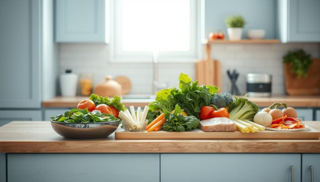A serene, minimalist kitchen with light blue accents and natural wooden textures. On the countertop, an array of fresh, wholesome ingredients are neatly arranged - crisp greens, vibrant vegetables, and lean proteins. The scene conveys a sense of calm organization, with no clutter in sight. Gentle, diffused lighting illuminates the space, creating a warm, inviting atmosphere. The overall impression is one of effortless, stress-free lunch planning, where the focus is on nourishing, well-balanced meals.