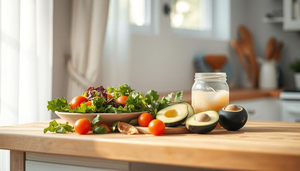 A serene summer kitchen scene, bathed in soft natural light filtering through airy white curtains. On the wooden countertop, a variety of fresh, vibrant ingredients are artfully arranged - crisp salad greens, juicy tomatoes, creamy avocado slices, and a glass jar filled with a cool, refreshing beverage. The scene evokes a sense of leisurely midday ease, inviting the viewer to pause and savor the simple pleasures of a nourishing summer meal. The overall atmosphere is one of calm, mindful nourishment, capturing the essence of 