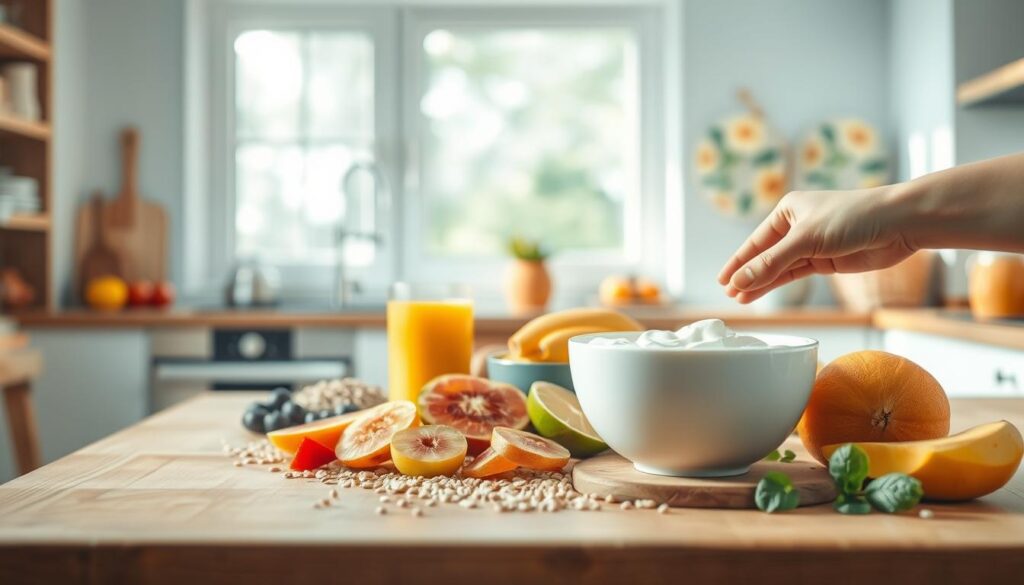 A serene, well-lit kitchen interior with natural wood accents and soft blue undertones. On a wooden table, an array of fresh, unprocessed ingredients - sliced fruits, whole grains, and a glass of freshly squeezed juice. A single hand reaches for a bowl of yogurt, conveying a sense of mindful, healthy living. The scene evokes feelings of simplicity, nourishment, and a balanced, low-sugar breakfast lifestyle.