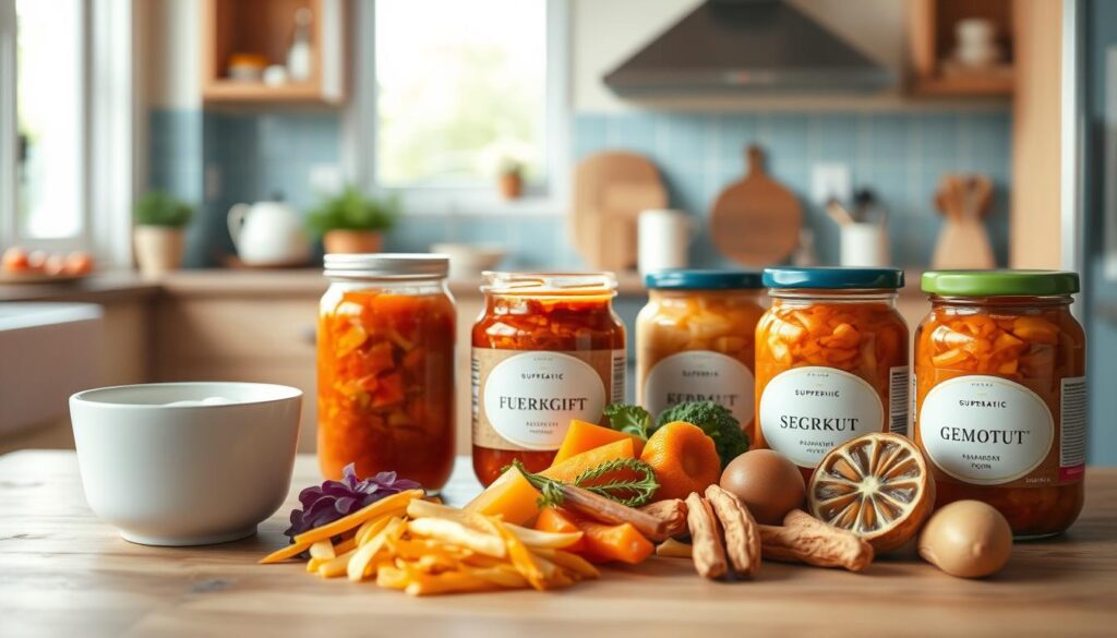 A serene, well-lit kitchen with warm wooden textures and light blue accents sets the stage for a visual exploration of gut health benefits. In the foreground, an array of vibrant, probiotic-rich superfoods - yogurt, kefir, sauerkraut, and kimchi - are artfully arranged, each element carrying a distinct color and texture that invites the viewer to appreciate their gut-nourishing properties. The mid-ground features a clean, minimalist layout, drawing the eye to the core message, while the background seamlessly blends the kitchen's cozy, inviting atmosphere. The overall mood is one of simplicity, wellness, and a deep appreciation for the vital role of a healthy gut in our overall well-being.