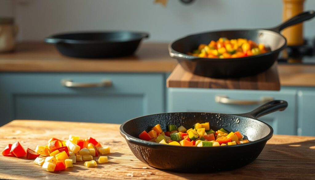 A series of detailed steps showcasing the process of cooking in a well-seasoned cast iron skillet. The skillet takes center stage, with its rugged, textured surface reflecting warm, golden light. In the foreground, freshly chopped ingredients - a variety of colorful vegetables - are arranged neatly, ready to be sautéed. The middle ground features the skillet placed atop a rustic wooden surface, with a minimal, light blue-accented kitchen environment providing a clean, uncluttered backdrop. The lighting is soft and natural, creating a cozy, inviting atmosphere. The overall composition highlights the simplicity and effectiveness of cast iron cooking, guiding the viewer through the step-by-step process.