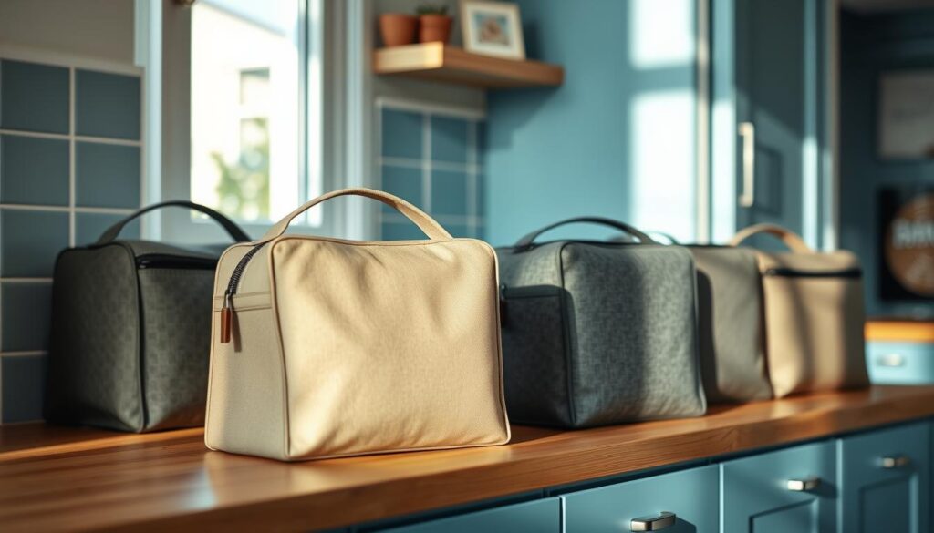A set of Prepistry insulated lunch bags sit neatly arranged on a wooden kitchen counter. The bags are crafted from durable, high-quality materials in a range of muted, earthy tones that complement the light blue accents of the minimal, cozy space. Soft, natural lighting gently illuminates the bags, highlighting their textured surfaces and sleek, modern designs. The bags appear sturdy yet stylish, perfectly suited for safely storing and transporting delicious bento-style meals.
