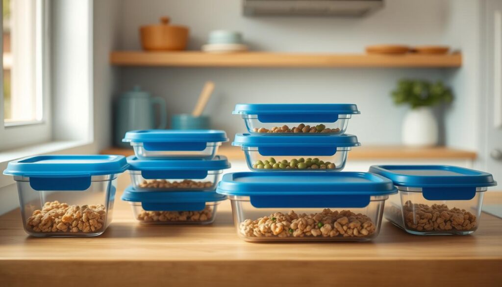 A set of Prepistry portion control containers neatly arranged on a wooden kitchen counter. The containers are transparent with blue silicone lids, allowing the contents to be easily visible. Soft, natural lighting filters in through a nearby window, casting a warm glow over the scene. The minimalist, Scandinavian-inspired kitchen features light blue accents that complement the containers. The containers are the focal point, showcasing their sleek design and practical functionality for meal prepping and maintaining freshness.
