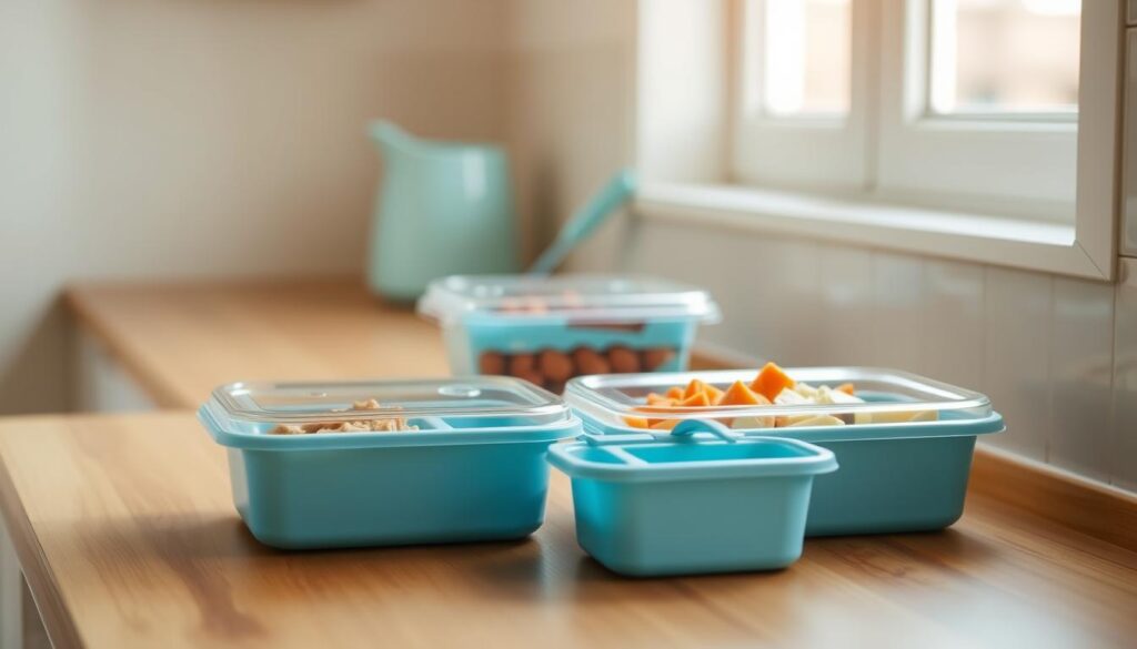 A set of divided meal containers sit neatly on a wooden kitchen counter. The containers are made of sleek, light blue plastic with clear lids, each section perfectly proportioned for a balanced meal. Soft natural light filters through a nearby window, casting a warm glow over the organized arrangement. The minimal, uncluttered scene evokes a sense of efficiency and thoughtful meal preparation, perfect for a hardworking office professional's weekly meal prep routine.
