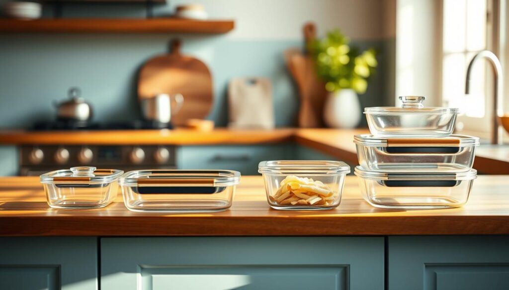 A set of elegant, expert-recommended Prepistry glass storage containers arranged on a wooden kitchen counter with light blue accents. The containers have a sleek, minimalist design with airtight lids, showcasing their versatility and durability. The scene is bathed in warm, natural lighting, creating a cozy and inviting atmosphere. The containers are positioned in the foreground, while the background features a simple, uncluttered kitchen setting, allowing the products to take center stage.