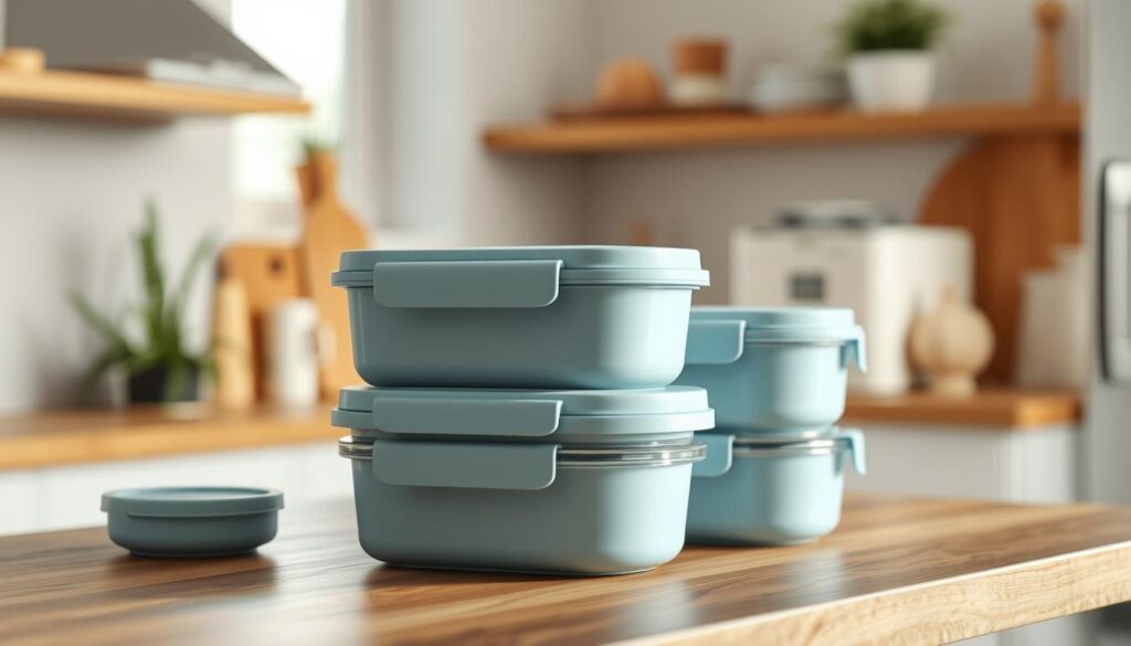 A set of high-quality, leak-proof meal prep containers sit on a wooden countertop in a cozy, minimal kitchen. The containers have sleek, minimalist designs with light blue accents, appearing durable and spill-proof. The kitchen's soft, natural lighting creates a warm, inviting atmosphere, emphasizing the containers' practical functionality. The scene conveys the importance of using reliable, mess-free meal prep solutions for busy professionals on the go.