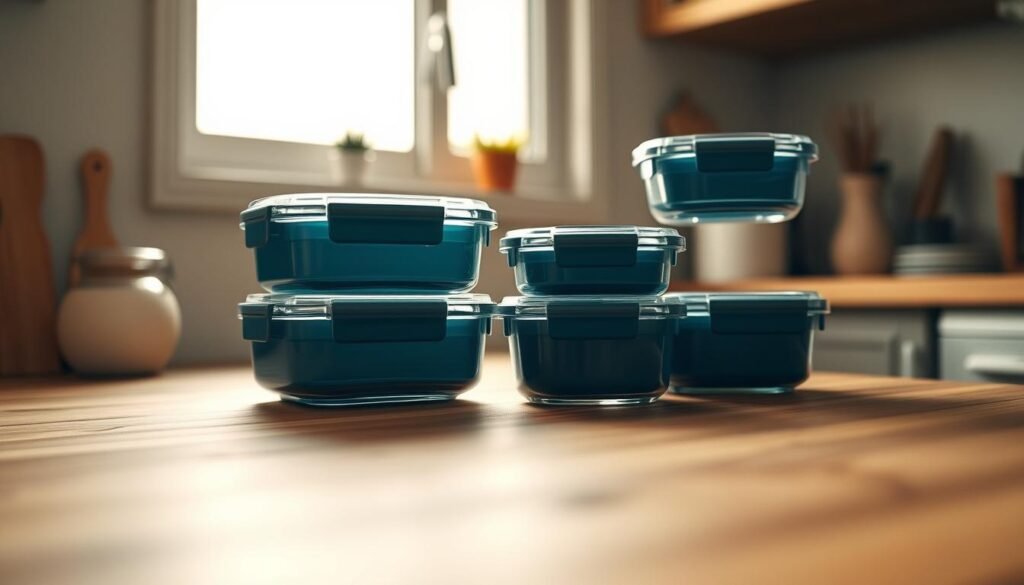 A set of modern, dishwasher-safe glass containers nestled on a wooden countertop in a cozy, minimalist kitchen. Soft natural light filters through a window, casting a warm glow on the containers' sleek silhouettes and muted blue accents. The containers are neatly arranged, showcasing their practical, space-saving design that is perfect for prepping and storing office meals. An atmosphere of efficiency and serenity pervades the scene, capturing the essence of stress-free workday meal prep.