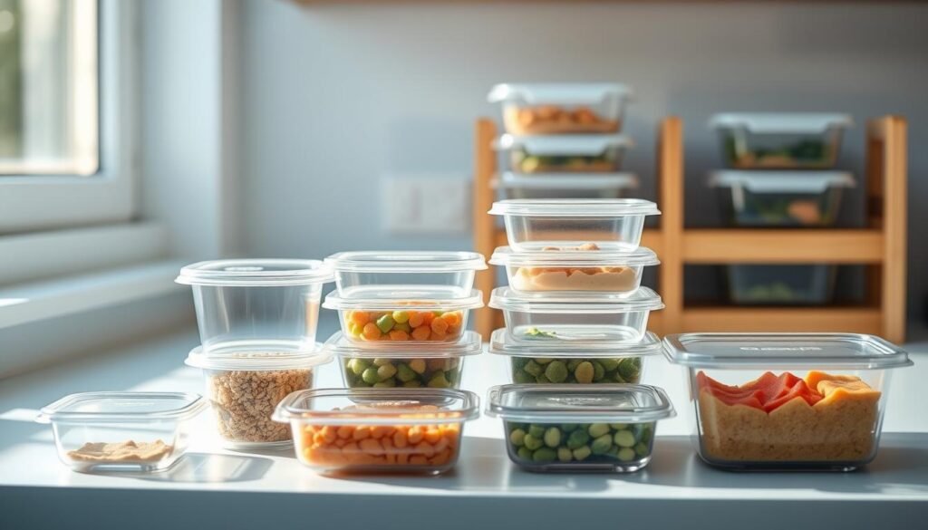 A set of modern, sleek meal prep containers in a range of sizes and shapes, arranged neatly on a light blue kitchen counter. The containers are made of transparent, shatter-resistant plastic with airtight lids, allowing for easy visibility of contents. The containers are illuminated by soft, natural lighting filtering in through a nearby window, casting gentle shadows and highlighting the clean, minimalist design. In the background, a wooden storage rack holds additional containers, creating a cohesive, organized storage solution for prepped meals.