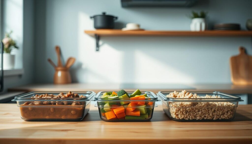A set of neatly portioned leftovers sits on a wooden countertop in a cozy, minimal kitchen. The muted light blue walls complement the warm wood tones, creating a calming atmosphere. The containers are filled with an assortment of healthy, homemade meals - a hearty stew, a vibrant vegetable medley, and a simple grain-based dish. The portion sizes are just right, reflecting a thoughtful approach to meal planning and waste reduction. The scene conveys a sense of organization and mindfulness, hinting at the sustainable practices that went into preparing these leftovers.