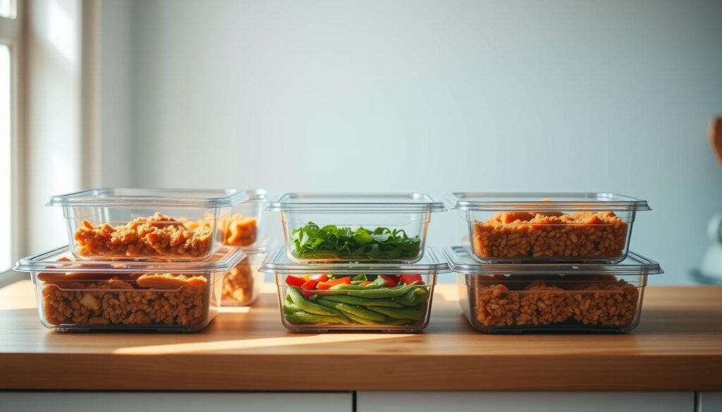 A set of rectangular meal prep containers arranged neatly on a wooden kitchen counter, with a light blue accent wall in the background. The containers are made of clear, BPA-free plastic, showcasing the freshly prepared meals inside. Soft, natural lighting from a nearby window illuminates the scene, casting gentle shadows and highlighting the textures of the wood and containers. The minimal, uncluttered composition emphasizes the simplicity and efficiency of batch cooking, creating a calming, organized atmosphere.