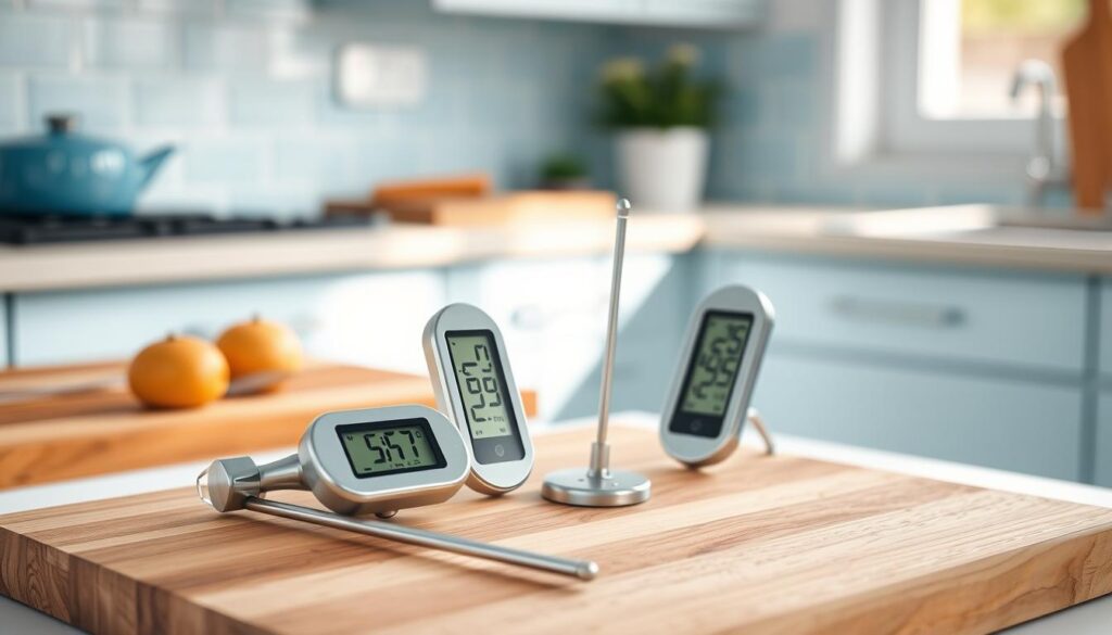 A set of silver and glass kitchen thermometers neatly arranged on a wooden cutting board, their digital displays casting a soft glow in a cozy, minimalist kitchen with light blue accents. The thermometers are positioned with care, hinting at the importance of precise temperature control for safe and delicious meal preparation. Diffused natural light from a nearby window creates a warm, inviting atmosphere, emphasizing the kitchen's functionality and the attention to detail required for successful dinner meal prep.