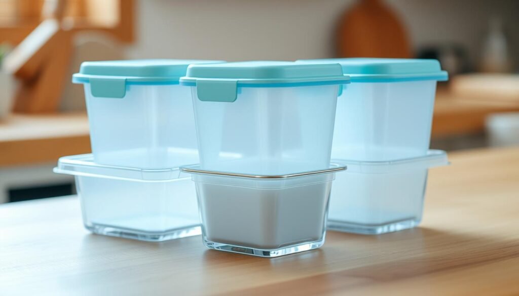 A set of sleek, minimalist sauce separation containers prominently displayed on a wooden kitchen counter. The containers are made of frosted glass with simple, geometric lids in a light blue hue, complementing the warm, natural tones of the surrounding space. Soft, indirect lighting casts a gentle glow, highlighting the clean lines and functional design of the containers. The overall scene conveys a sense of organization, freshness, and culinary thoughtfulness, befitting the preparation of a cold lunch.