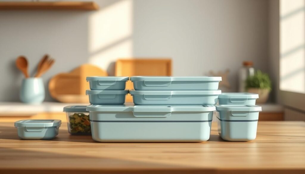 A set of sleek, modular food storage containers with built-in dividers, arranged neatly on a minimalist kitchen counter. The containers feature a clean, modern design with a light blue hue that complements the warm wooden textures of the surrounding environment. Soft, natural lighting illuminates the scene, creating a cozy and inviting atmosphere. The containers are positioned in a visually appealing arrangement, showcasing their innovative design and functionality for efficient meal preparation and organization in a limited kitchen space.