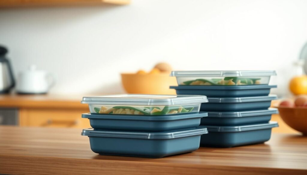 A set of sleek, stackable meal prep containers with secure, airtight lids sits on a wooden kitchen counter. The containers are made of high-quality, BPA-free plastic in a muted blue hue, complementing the warm, natural wood tones. Soft, even lighting from above casts gentle shadows, highlighting the clean lines and practical design. The containers are arranged neatly, ready to hold fresh, flavorful sauces and sides to fuel a healthy, balanced workday. An atmosphere of organization and efficiency pervades the scene, inspiring confidence in the ability to meal prep effectively.