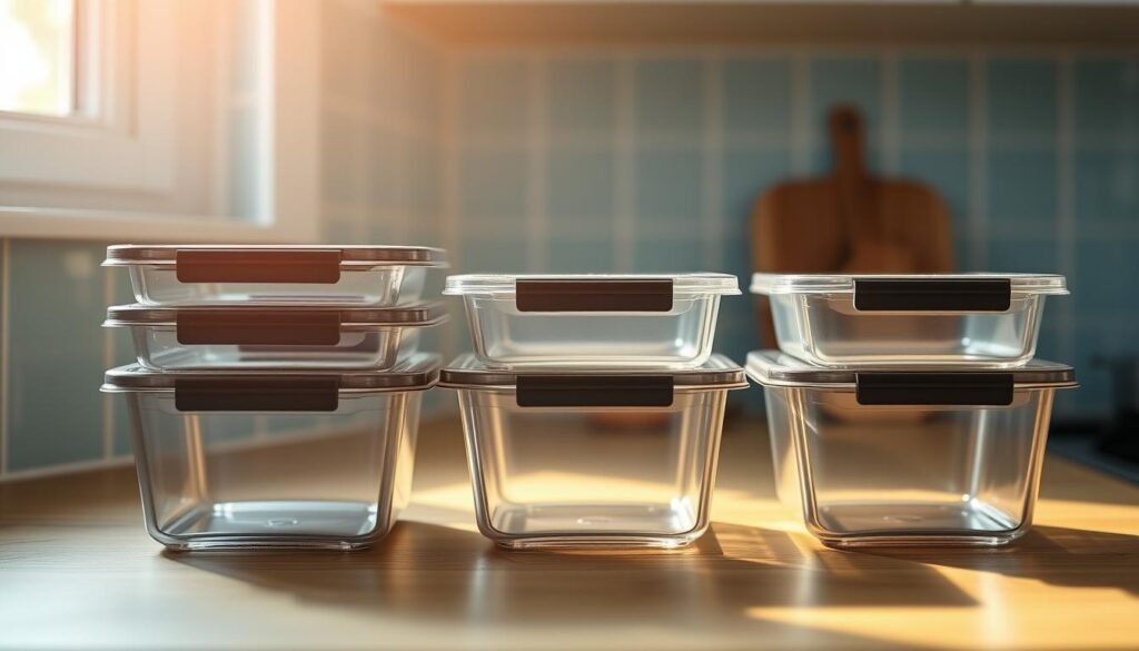 A set of sleek, translucent plastic meal prep containers sit neatly on a wooden kitchen counter, their lids secured tightly. The containers cast soft shadows on the light blue backsplash, creating a sense of order and organization. Warm, natural lighting filters in through a nearby window, highlighting the containers' durable, reusable nature. The scene exudes a calming, minimalist atmosphere, showcasing these versatile, budget-friendly storage solutions as the ideal choice for a well-stocked office kitchen.