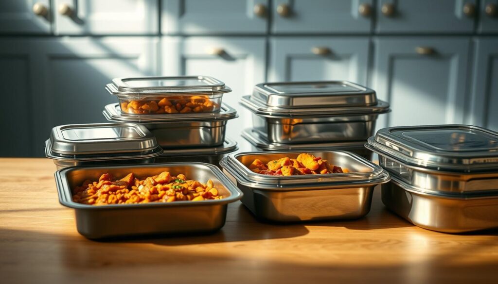 A set of stainless steel meal prep containers with tight-fitting lids, arranged neatly on a wooden kitchen counter. The containers are filled with various curry dishes, their vibrant colors and aromatic spices visible through the clear lids. Soft, natural lighting filters in from a window, casting a warm glow over the scene. The containers are positioned against a minimalist backdrop of light blue cabinetry, creating a clean, organized, and appealing display for storing and reheating office meal prep curry dishes.