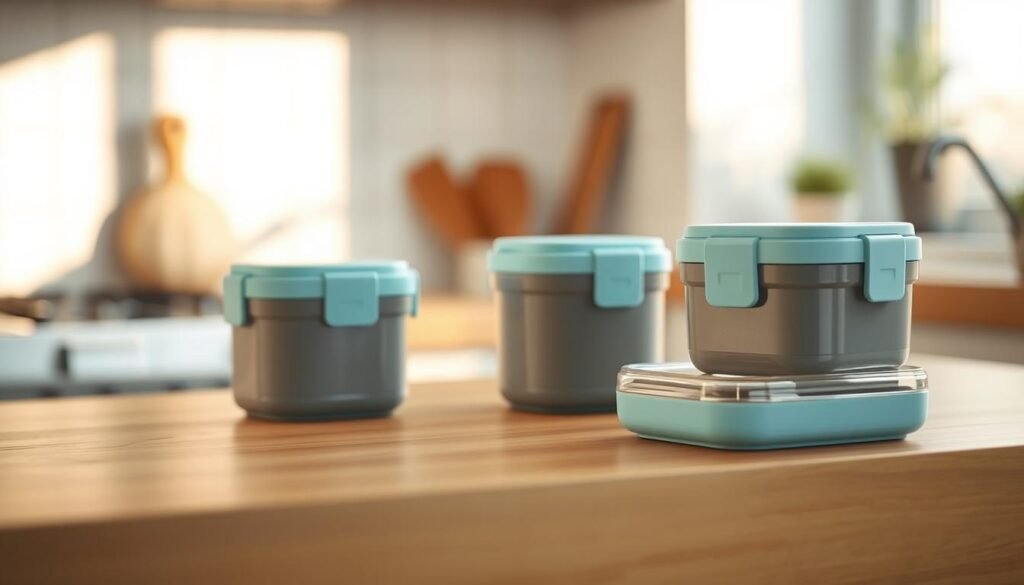A set of well-designed temperature control lunch containers sit on a wooden countertop in a cozy, minimal kitchen. The containers are made of durable, insulated materials with sleek, minimalist shapes and light blue accents. Soft, natural lighting from a nearby window casts a gentle glow, highlighting the textures and details of the containers. The scene conveys a sense of organization, functionality, and attention to thermal management for healthy, temperature-regulated meals.