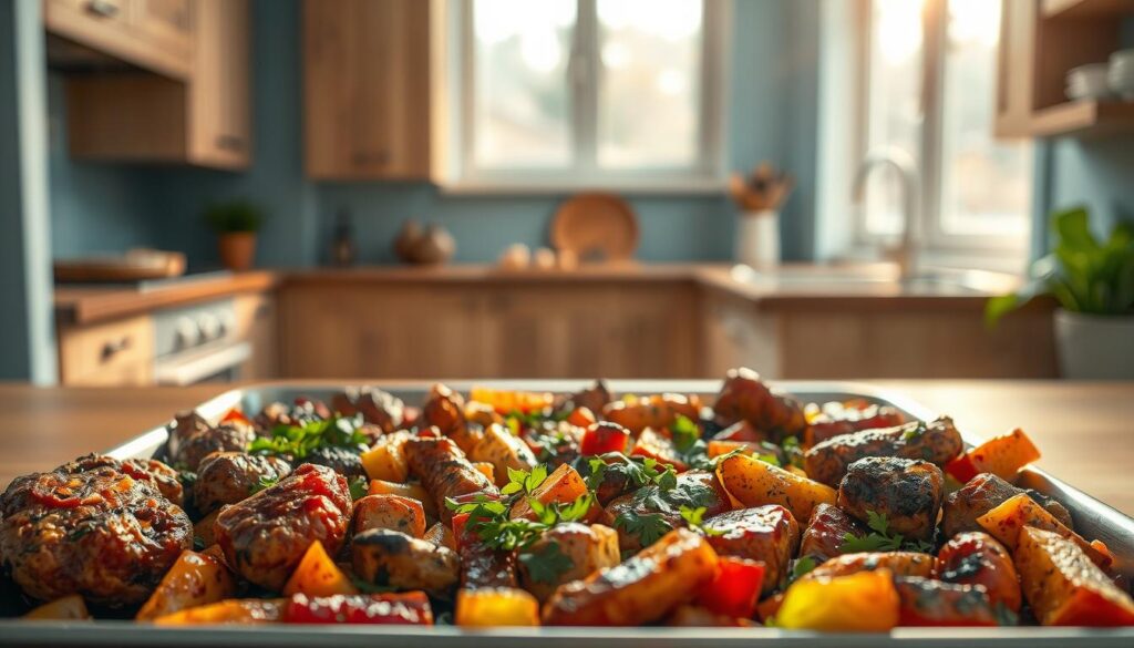 A sheet pan filled with an array of global flavors, sizzling with crisp textures. In the foreground, an assortment of spice-rubbed meats, roasted vegetables, and fragrant herbs create a vibrant, mouthwatering scene. In the middle ground, the sheet pan itself is made of brushed stainless steel, reflecting the warm, natural light filtering in from a large window. The background features a minimal, cozy kitchen with wooden cabinetry, accented by soft blue tones on the walls. The overall atmosphere is one of rustic simplicity and international culinary exploration, inviting the viewer to imagine the satisfying aromas and textures of this global sheet pan meal.