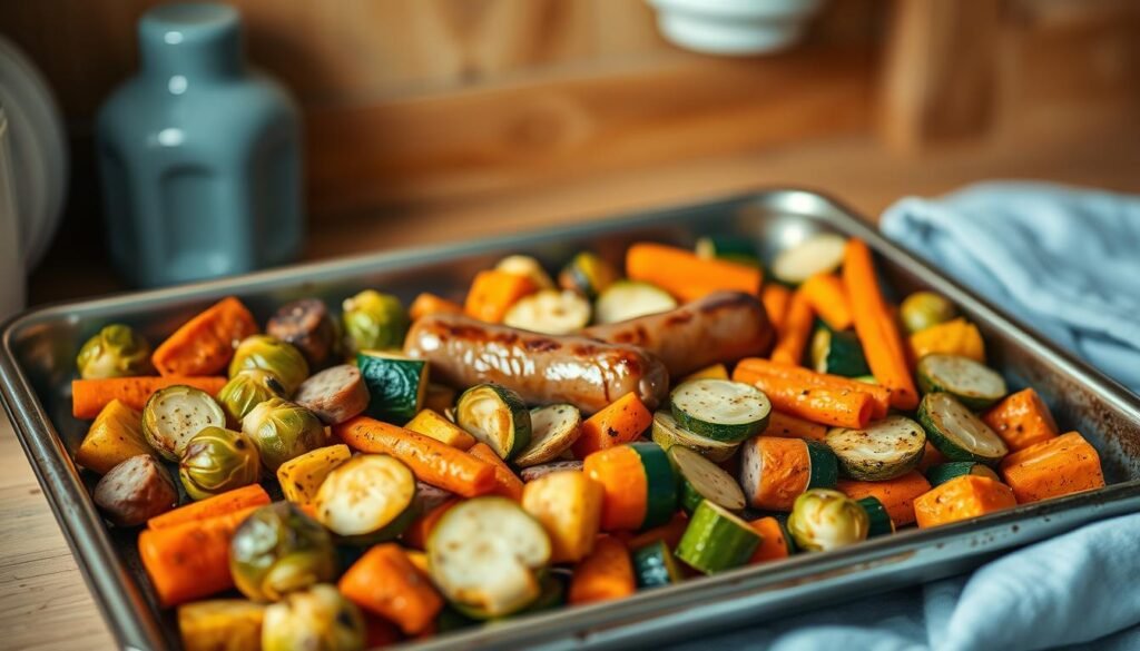 A sheet pan filled with an assortment of roasted vegetables, including golden-brown Brussels sprouts, vibrant carrots, and tender zucchini slices, arranged in a visually appealing manner. The vegetables are complemented by the warm, savory aroma of Italian sausage links nestled among them. The scene is set in a cozy, minimal kitchen with wooden textures and light blue accents, creating a calming, inviting atmosphere. Soft, diffused lighting casts a gentle glow over the scene, highlighting the depth and texture of the ingredients. The overall composition conveys the simplicity and benefits of a one-pan meal, perfectly suited for the 